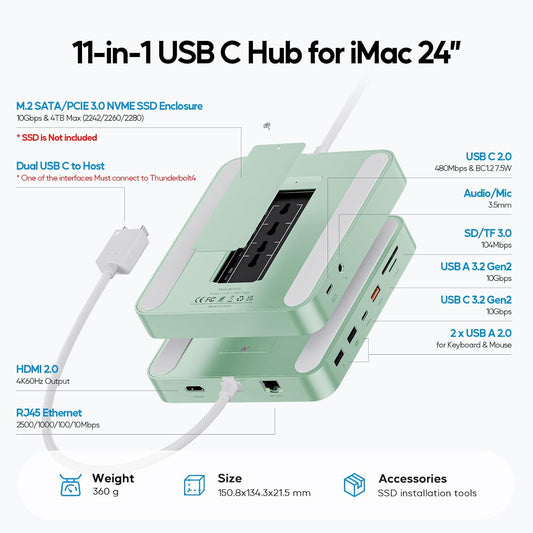 Upgraded 11 in 1 USB C Hub for iMac 24 inch USB Hub 2021 2023 2024 Support M.2 SSD (NOT Included), iMac Hub M1 M3 M4 Accessories, 4K HDMI, 2.5G Ethernet, 5 USB A/C Max 10Gbps, SD/TF - Green