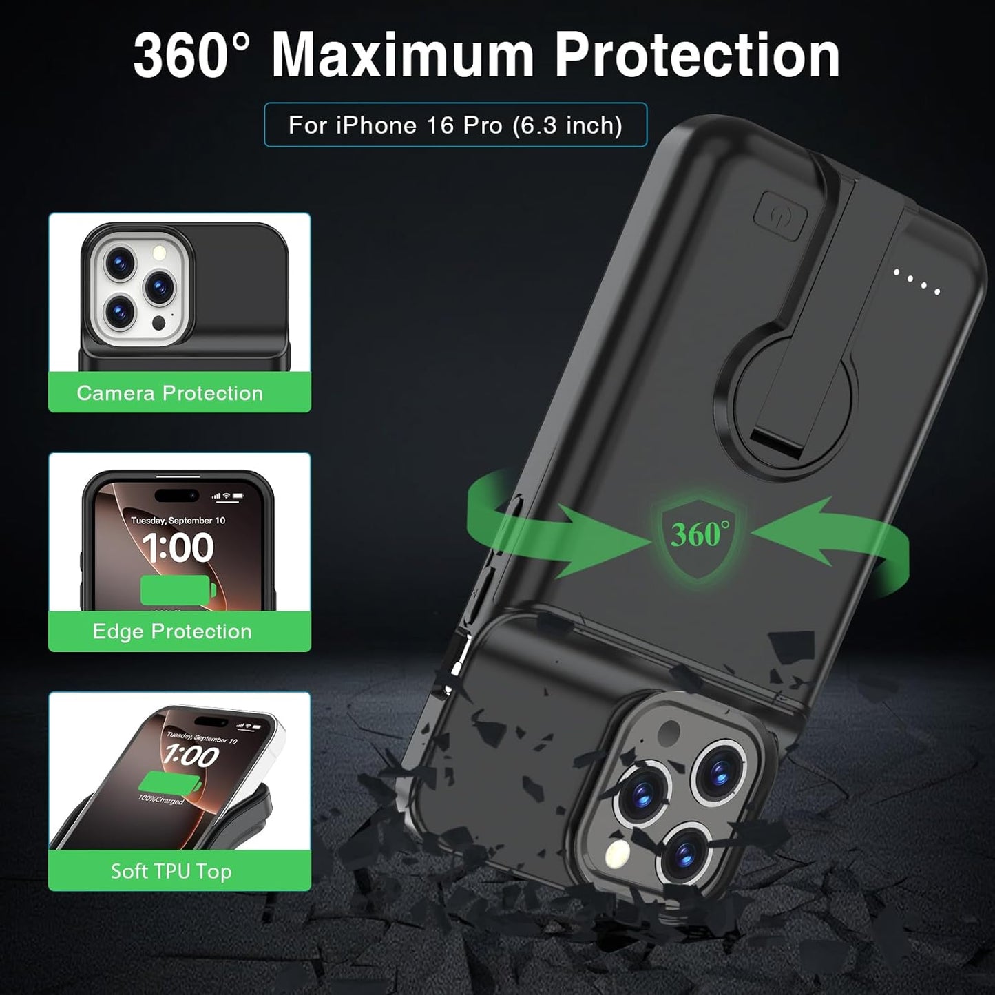 GIN FOXI Battery Case for iPhone 16 Pro, Charging Case with Stand 8500mAh Rechargeable Ultra-Slim Anti-Fall Protection Extended Battery Pack Charger Cover for iPhone 16 Pro Battery Case 6.3" Black