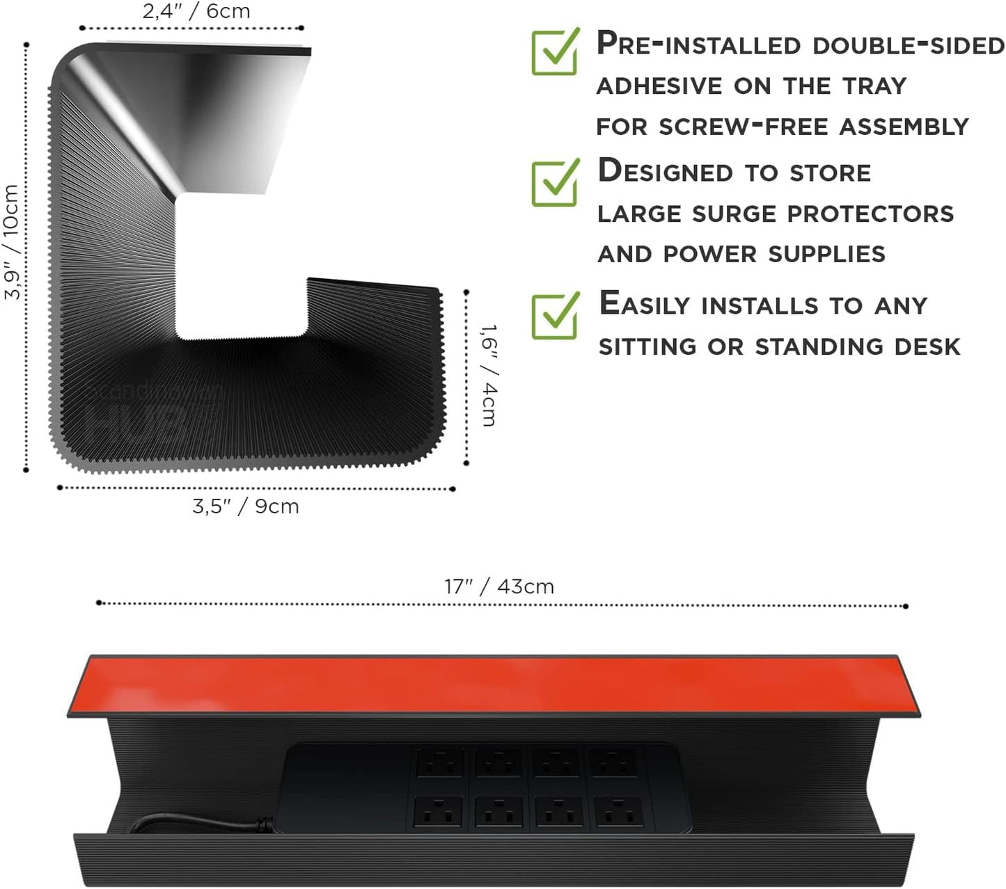 No-Screw Under Desk Cable Management Tray - Self-Adhesive Installation, Cord Management, Cable Tray, Under Desk Wire Organizer - Black Set of 4