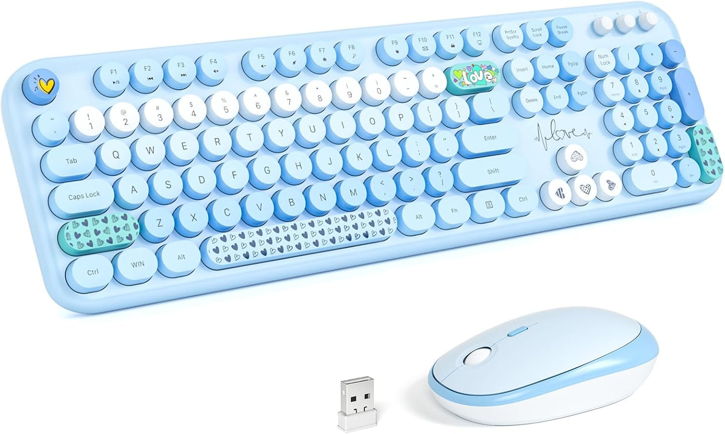 KNOWSQT Wireless Keyboard and Mouse Combo - Lovely Blue Rainbow Full-Sized Typewriter Colorful Keyboards, Round Keycap USB Plug Play Retro Cute Keyboards for Windows, Laptop, PC, Desktop, Computer