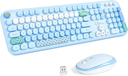 KNOWSQT Wireless Keyboard and Mouse Combo - Lovely Blue Rainbow Full-Sized Typewriter Colorful Keyboards, Round Keycap USB Plug Play Retro Cute Keyboards for Windows, Laptop, PC, Desktop, Computer