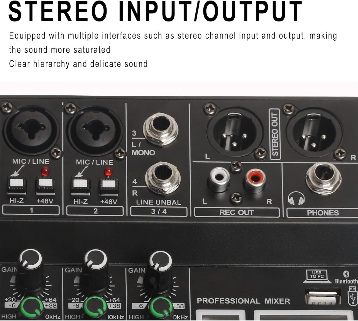 Dj Mixers, 4 Channel Audio Mixer, Sound Board with Bluetooth Player, Usb Audio Interface with 48V Phantom Power, Sounds Mixer Board with 99 DSP FX Reverb Delay Effect