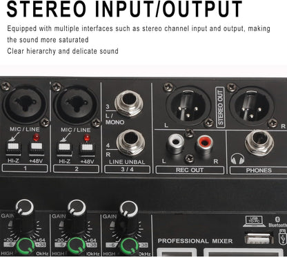 Dj Mixers, 4 Channel Audio Mixer, Sound Board with Bluetooth Player, Usb Audio Interface with 48V Phantom Power, Sounds Mixer Board with 99 DSP FX Reverb Delay Effect