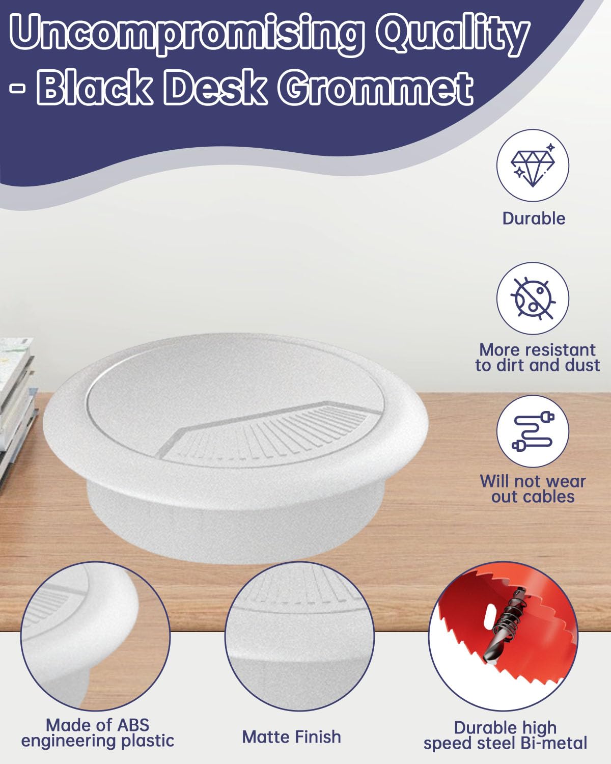 Desk Grommet 2 inch (50 mm) 10 Pack - White ABS Plastic Cable Hole Cover with Hole Cutter for TV, Office, and Home Table - Hide Wires Behind Wall, TV Wall Cable Pass Through