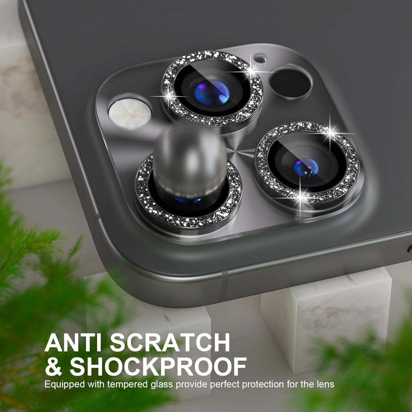 Choiche Compatible for iPhone 16 Pro/iPhone 16 Pro Max Camera Lens Protector, Bling Camera Cover with 9H Tempered Glass Lens Screen Protector Metal Ring Decoration Accessories(Clear-Black)