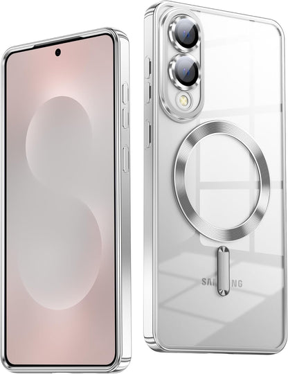 Slim Thin for Samsung Galaxy S25 Edge Case, Compatible with MagSafe, Built-in Camera Lens Protector, Shockproof Protective Phone Case, Soft Electroplated Clear Cover, Silver
