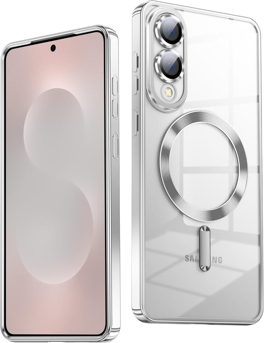 Slim Thin for Samsung Galaxy S25 Edge Case, Compatible with MagSafe, Built-in Camera Lens Protector, Shockproof Protective Phone Case, Soft Electroplated Clear Cover, Silver