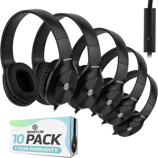 Classroom Headphones-Bulk 10-Pack, with Microphone Student On Ear Comfy Swivel Earphones for Library, School, Airplane, Kids-for Online Learning and Travel, HQ Stereo Sound 3.5mm Jack (Black)