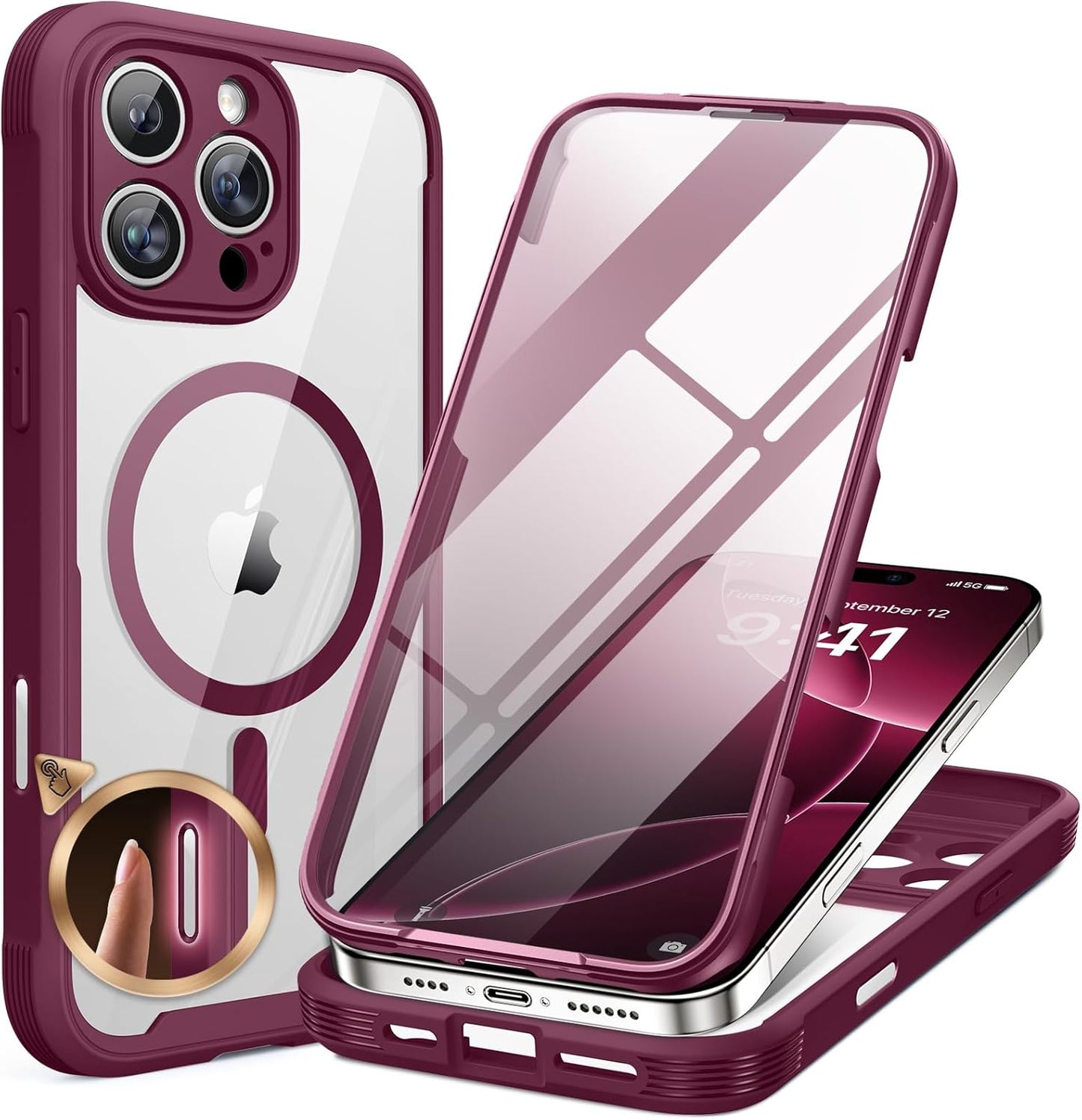 Miracase for iPhone 16 Pro Max Case 6.9'', [Bubble Free] Full-Body Bumper Phone case with Built-in Full Glass Screen &Lens Protector,Compatible with MagSafe,Drop Proof 16 Pro Max Cover,Plum