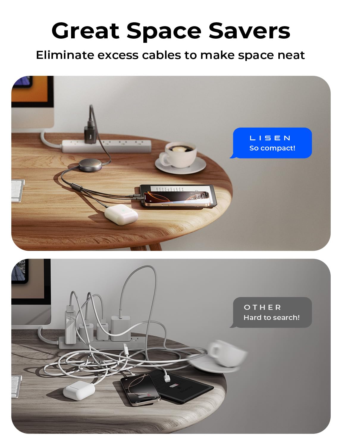 LISEN Multi Charging Cable, 3 in 1 Charging Cable, Retractable Car Charger with Type C/L/Micro USB Ports for iPhone 16 15 14 Pro Max/Samsung Galaxy S25/PS/Kindle, Multi Chargers for All Devices