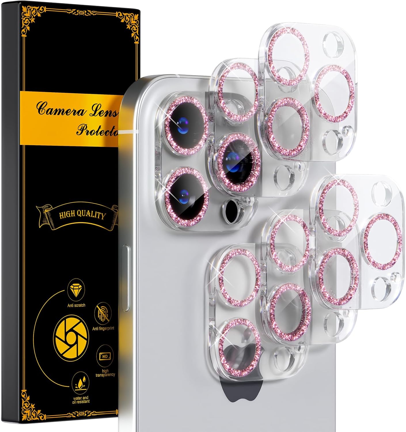 beuxece for 6 Pack iPhone 16 Pro/iPhone 16 Pro Max Camera Lens Protector [Drop Protection] [Case Friendly] [Easy Installation] 9H Tempered Glass Camera Screen Protector Cover, Glitter Pink