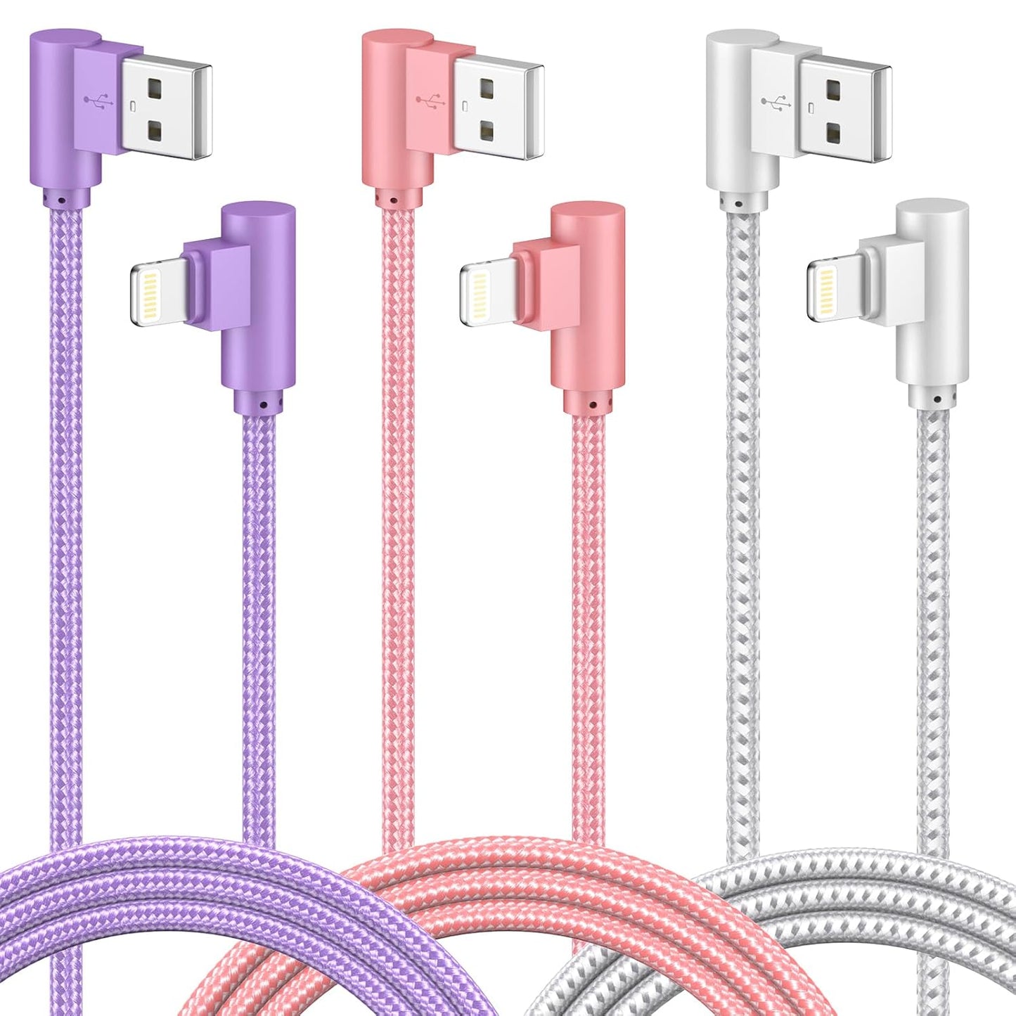 iPhone Charger 3 Pack 10FT USB A to Lightning Cables 90 Degree Charge Cable MFi Certified Nylon Braided Fast Charging Cord for iPhone 14/13/12/11/X/Max/8/7/6/6S/5/5S/SE/Plus/iPad