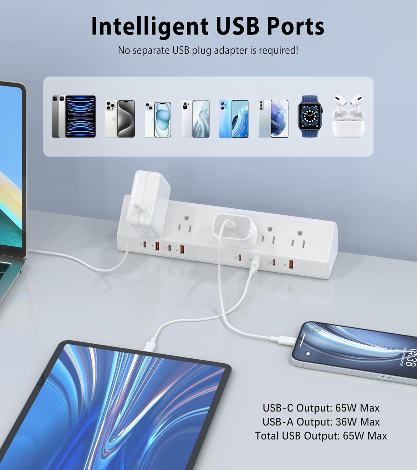 Desk Clamp Power Strip 65W Fast Charging Station,4 PD USB-C,5 Outlets,Nightstand Desk Edge Mount Tower Surge Protector,15 Amp Heavy Duty Power Strip,Fits 1.96" Tabletop Edge (White, 6 FT Cable)