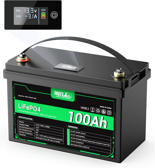 HQST 12 Volt 100Ah Lithium Iron Phosphate Battery with LED Meter, LiFePO4 Battery, 10 Year Lifetime, Low & High Temp Protection, Supports in Series and Parallel, for RVs, Trolling Motors, Boats,Marine