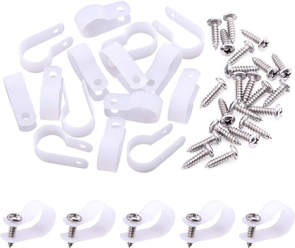 Swpeet 120 Pack White 5/8 Inch Nylon Plastic R-Type Cable Clips Clamp Kit, Nylon Screw Mounting Cord Fastener Clips with 120 Pack Screws for Wire Management (5/8 Inch, White)