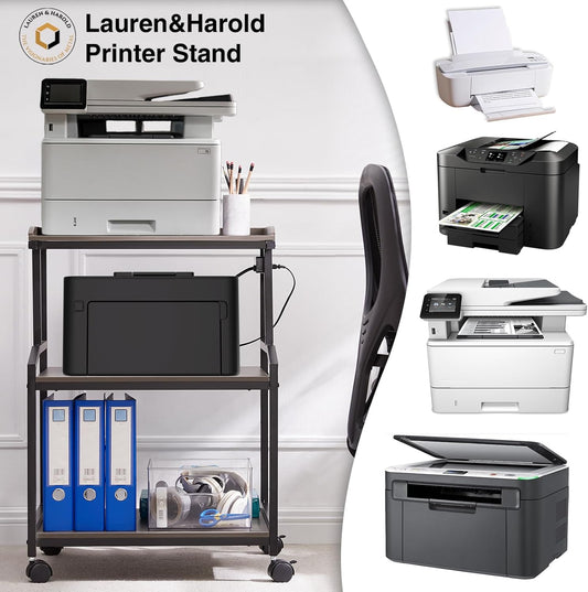 Lauren&Harold 34'' Printer Stand with Power Outlets & USB Ports, 3-Tier Adjustable Rolling Cart, Heavy Duty 150LBS Storage Table with Wheels for Office, Kitchen, Living Room, Grey/Black