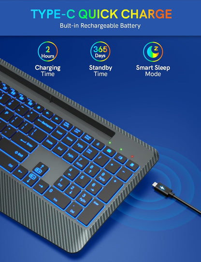 Wireless Keyboard with 7 Colored Backlit, Wrist Rest, Phone Holder, Rechargeable Ergonomic Computer Keyboard with Silent Key, Full Size Lighted Keyboard for Windows, MacBook, PC, Laptop (Gray)