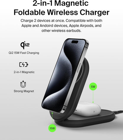 Belkin MagSafe-Compatible Charger, 2-in-1 Magnetic Foldable Charger 15W - Qi2-Certified Wireless Charging for Apple iPhone 16, Apple Watch, Samsung Galaxy S25 w/Non-Slip Base, PSU Included - Black