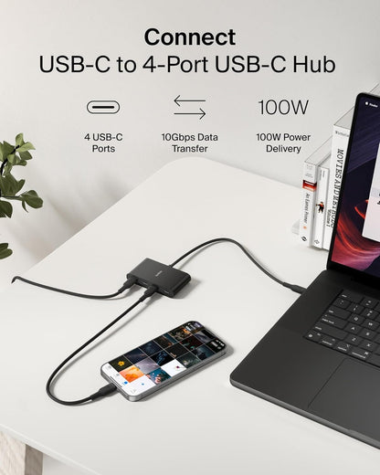 Belkin Connect 4 Port USB C Hub - Multiport Adapter Dongle with 4 USB C 3.2 Gen 2 Ports - High Speed 10G Data Transfer for Laptop, MacBook, iPad, PC, and More - 100W PD