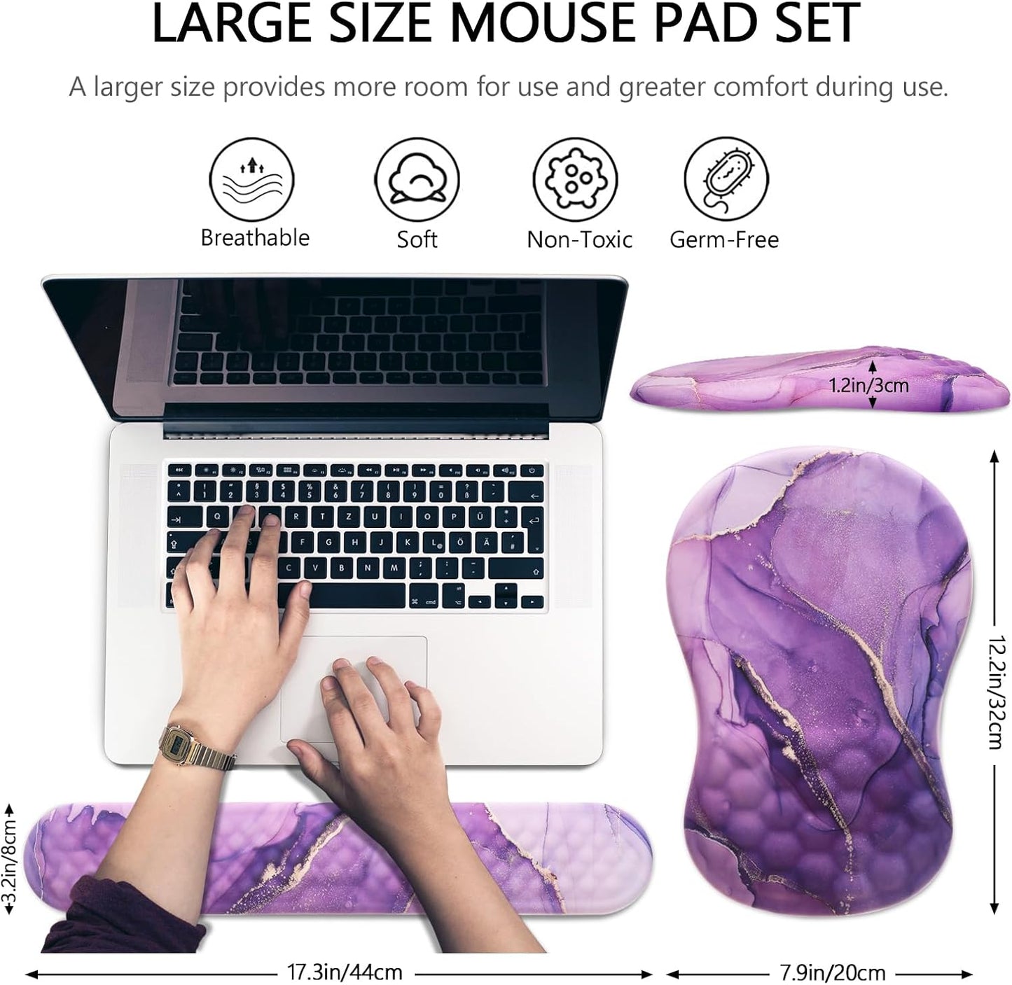Mouse Pad Wrist Support, Laokiiy 2 in1 Keyboard Wrist Rest+ Ergonomic Mouse Pad, Non-Slip Wrist Rest for Computer Keyboard, Made Easy Typing & Relieve Wrist Pain(Amethyst Purple Marble)