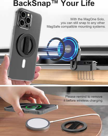 EWA MagOne Solo Phone Grip with Replaceable Elastic Finger Loop, Removable Magnetic Ring Holder Loop, Accessories for iPhone 16, 15, 14, 13 Pro/Max/Plus, No Stand-Black