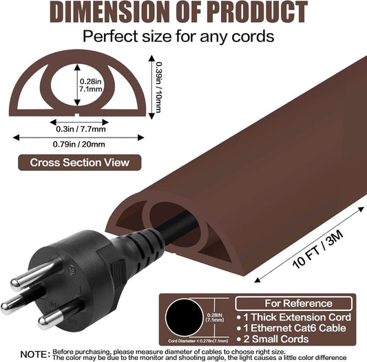 Floor Cord Cover Self Adhesive Cord Hider,10FT Cable Management, Extension Strip Protector for Wires, Prevent Cable Trips for Offices, Gyms, Exhibitions Cavity:0.3"(W) x 0.28"(H) Coffee