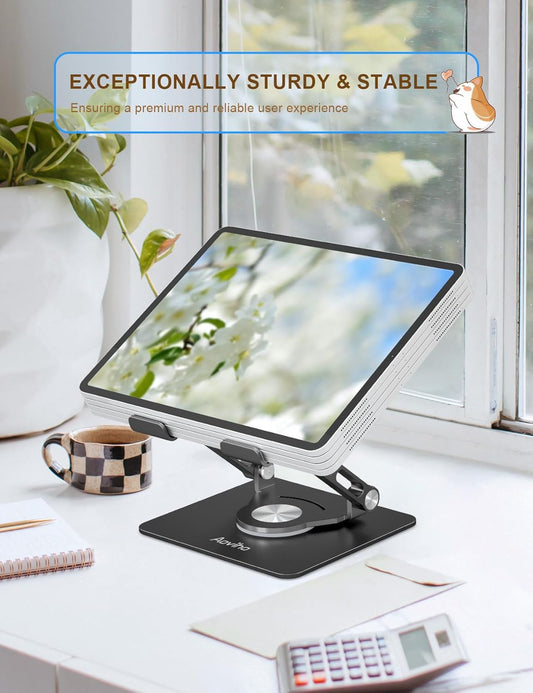 Tablet Stand 360° Rotating Aluminum Holder, Adjustable, Portable and Foldable Monitors Stand for iPads, Compatible with 4-12.9" Tablets, Ink Black