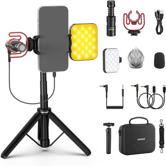NEEWER Basics PA050 Vlogging Kit for iPhone Android Phone for YouTube TikTok Streaming Video Recording, Selfie Stick Tripod + Microphone + LED Fill Light, Youtuber Starter Content Creator Essentials