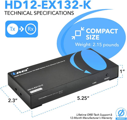 OREI 1X2 HDMI Extender Splitter Over Single CAT6/7 Cable Uncompressed 1080P with EDID - Up to 132 Ft - Loop Out - Low Latency - 1 Input 2 Output 2 Channel Transmission