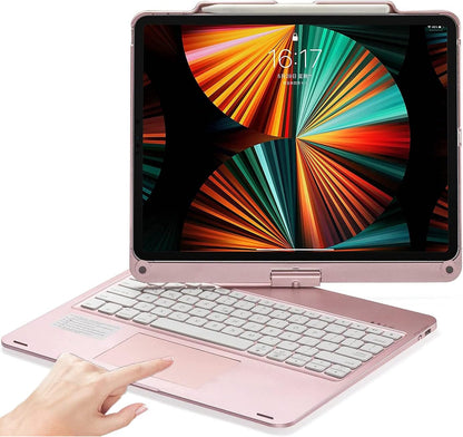 360° Rotatable Keyboard Case for iPad Air 13 inch (M3/M2-2025/2024)/Pro 12.9 (6th, 5th, 4th, 3rd Gen) with TouchPad, Backlits Aluminum Alloy Smart Case with trackpad Keyboard, Rose Gold