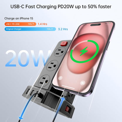 Power Strip Surge Protector, 10 Ft Extension Cord with 12 AC Multiple Outlets 4 USB (1 USB C), SMALLRT Power Tower Desktop Charging Station (Black, 10 FT PD20W)