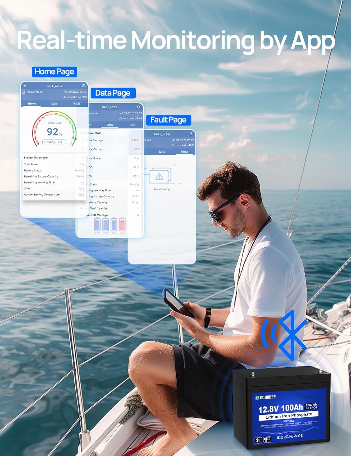 DC HOUSE 12V 100Ah LiFePO4 Lithium Battery, Bluetooth & Low Temp Cut-Off, Group 31 Lithium Battery, Up to 15000 Cycles, 100A BMS, Perfect for Trolling Motors, Marine, Boat, Solar