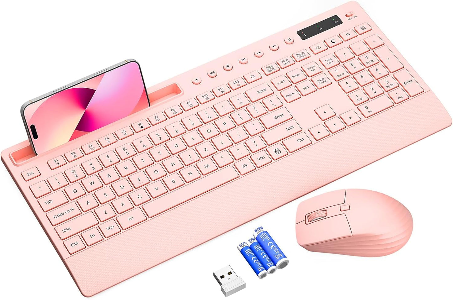 Pink Keyboard and Mouse Wireless, 2.4G Lag-Free Cute Keyboard Combo with Ergonomic Wrist Rest, Phone Holder & Batteries Included, Cordless Silent Key Board Set for Computer, PC, Windows - Trueque