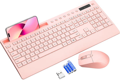 Pink Keyboard and Mouse Wireless, 2.4G Lag-Free Cute Keyboard Combo with Ergonomic Wrist Rest, Phone Holder & Batteries Included, Cordless Silent Key Board Set for Computer, PC, Windows - Trueque
