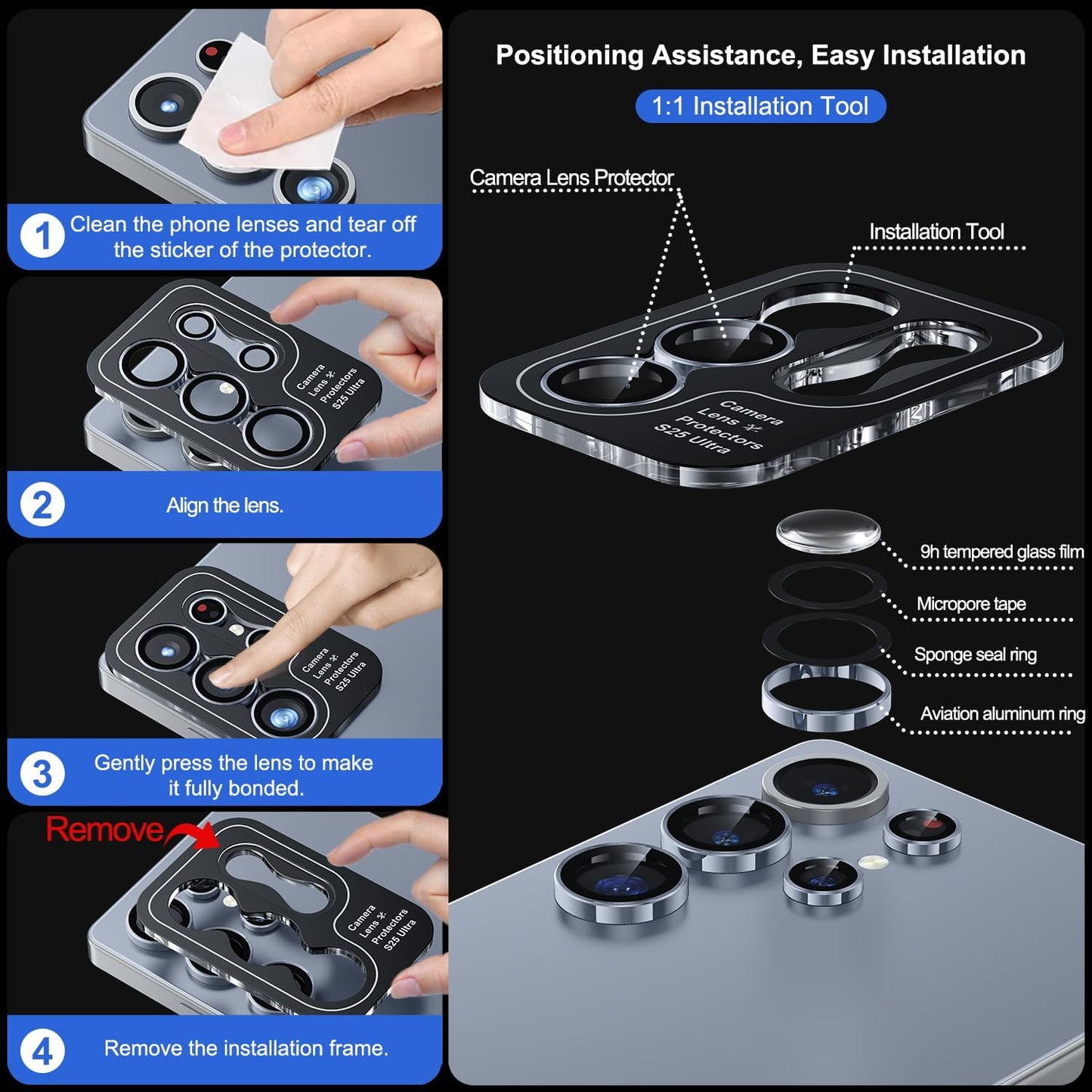 WSKEN for Samsung Galaxy S25 Ultra Camera Lens Protector - Ultra Thin Case Friendly, 9H Shatterproof Tempered Glass with Aluminum Metal Circle Camera Screen Protector Cover Accessories, Blue