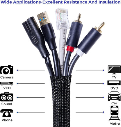 Cable Management Sleeves 1in - 2 Pack 4.1ft Split Braided Cable Sleeve Black, Hard PE Cord Protectors from Pets, Wire Organizers for Cords, Flexible Cord Wrap Wire Sleeve for Computer Cord Organizer