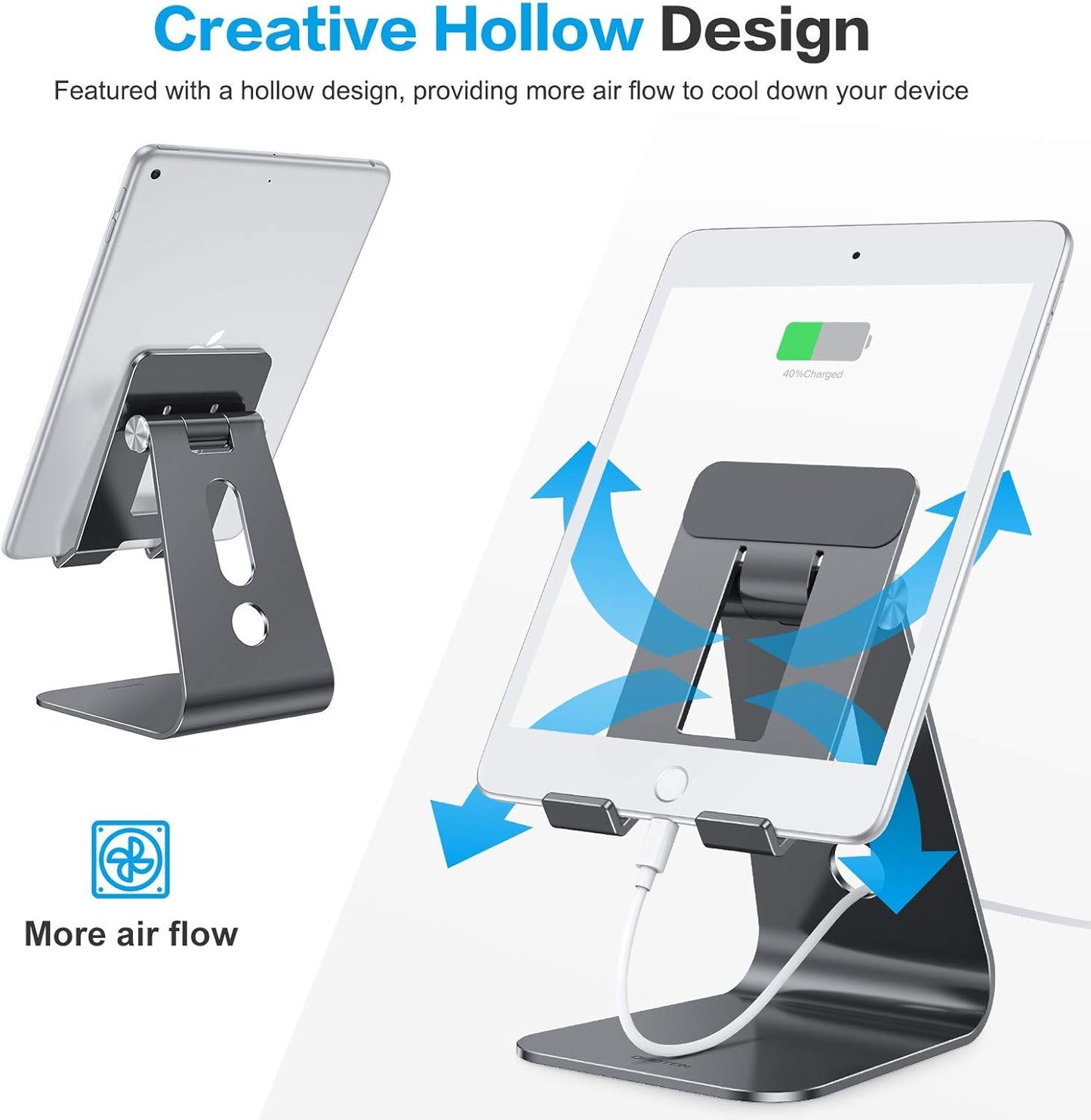 OMOTON Adjustable Tablet Stand for Desk, Upgraded Longer Arms for Greater Stability, T2 Tablet Holder with Hollow Design for Bigger Sized Phones and Tablets Such as iPad Pro/Air/Mini, Black