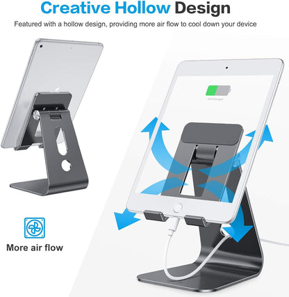 OMOTON Adjustable Tablet Stand for Desk, Upgraded Longer Arms for Greater Stability, T2 Tablet Holder with Hollow Design for Bigger Sized Phones and Tablets Such as iPad Pro/Air/Mini, Black