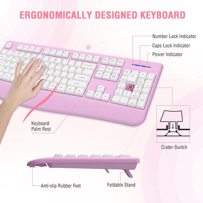 Wireless Keyboard and Mouse Combo, EDJO 2.4G Full-Sized Ergonomic Computer Keyboard with Wrist Rest and 3 Level DPI Adjustable Wireless Mouse for Windows, Mac OS Desktop/Laptop/PC(White Pink)
