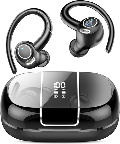 Wireless Earbuds Bluetooth 5.3 Headphones Sports, 48Hrs Playtime Bluetooth Earbuds with CVC 8.0 Mic, Stereo Bass Over Ear Bud with Earhooks, LED Display, IP7 Waterproof Earphon for Workout/Running