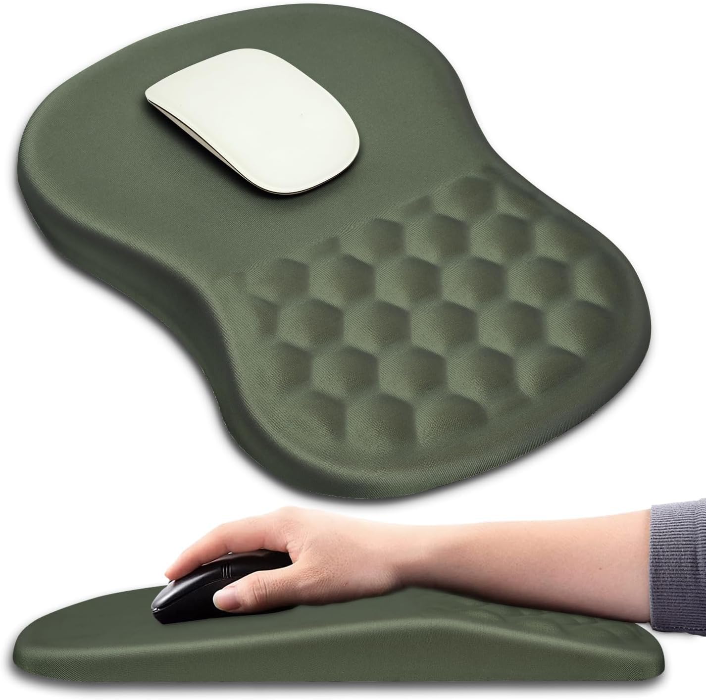 Hokafenle Ergonomic Mouse Pad Wrist Support with Massage Design, Wrist Rest Pain Relief Mousepad with Memory Foam&Non-Slip PU Base, Mouse Pads for Wireless Mouse & Desk (12x8 inch,Olive Green)