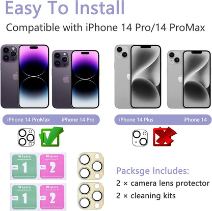 2 Pack Camera Lens Protector for iPhone 14 Pro/iPhone 14 Pro Max,[Not Easy to Breakn ] AR Tempered Glass Strong Adsorption Metal Camera Cover Screen- Gold