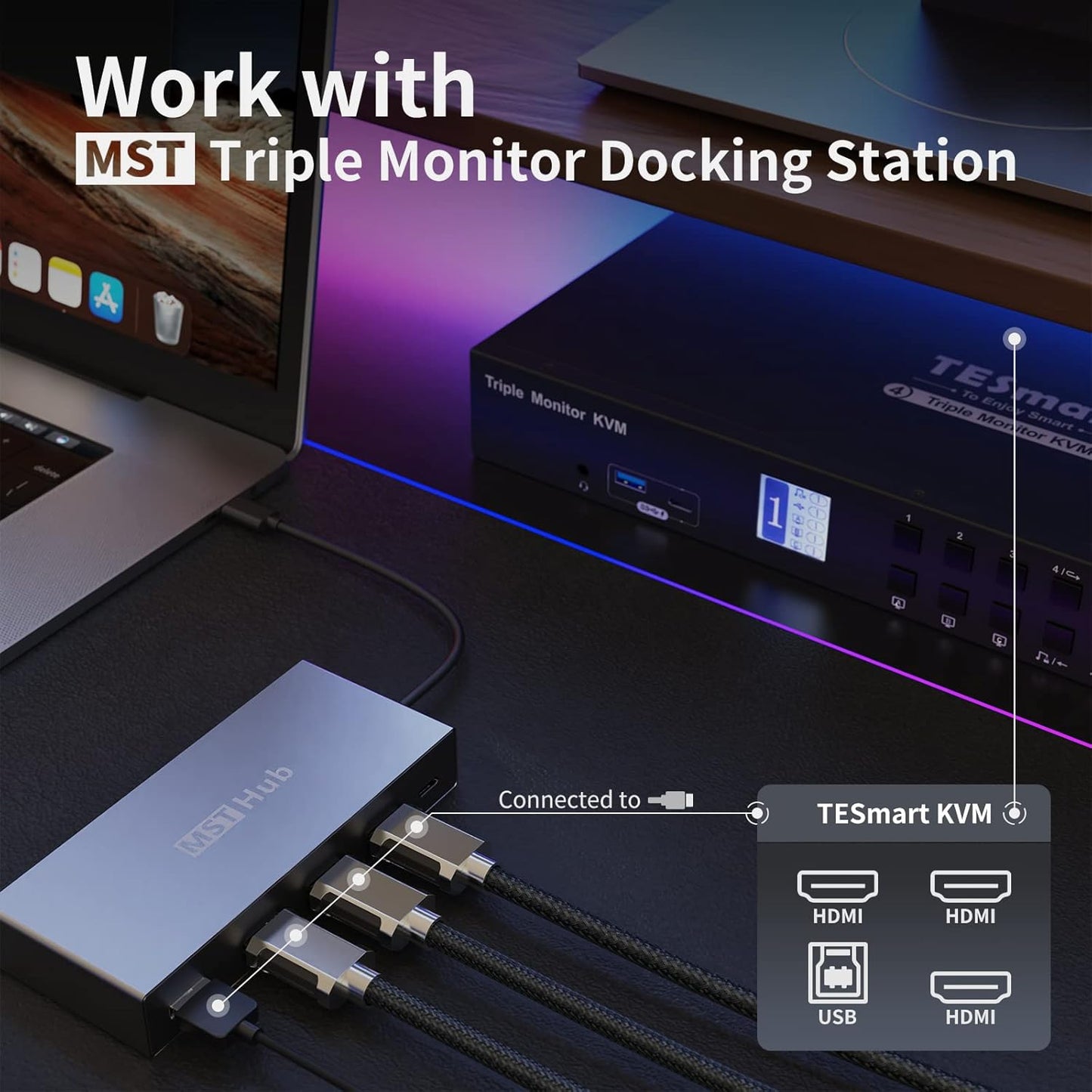 TESmart USB 3.0 HDMI KVM Switch 3 Monitors 4 Computers 4K@60Hz, Headset, Audio&Microphone, EDID emulators, Hotkey Switch, Wired Network, Rack-Ears, 4 Port Triple Monitor KVM Switch with All Cables