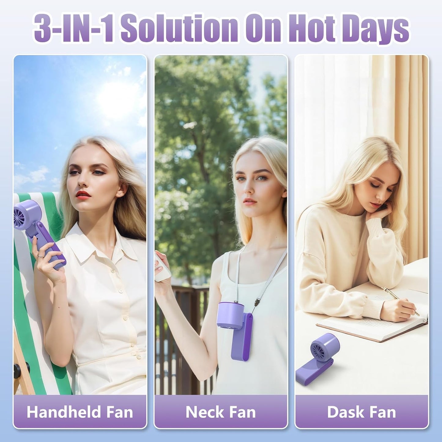 Portable Handheld Fan Rechargeable 100 Speeds Turbo Ice Cooling Fan Personal Mini Fan Small Foldable 3-IN-1 Neck/Desk/Hand Fan, Travel Essentials Gifts for Women Men/Violet