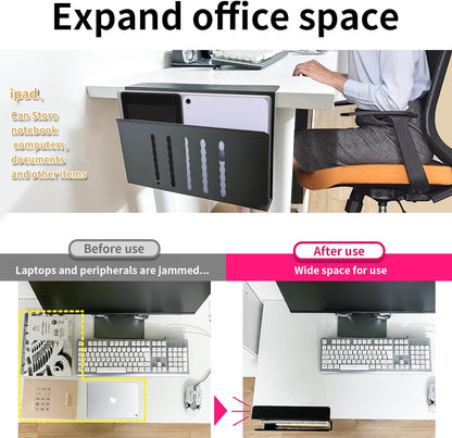 Desk Side Storage, Under Desk Storage, No Drill Steel Hanging Desk Organizer, Laptop Holder, Desk Storage Holder for Office & Home.(Black)