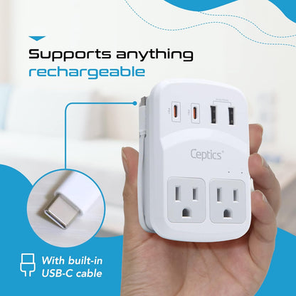 Ceptics World Travel Adapter Kit 2 USB-A, USB-C US Outlets, 20W/QC 18W Power Delivery, Surge Protection, SWADAPT Compatible for Europe, UK, China, Australia, Japan Perfect Laptop (WPS-5B)
