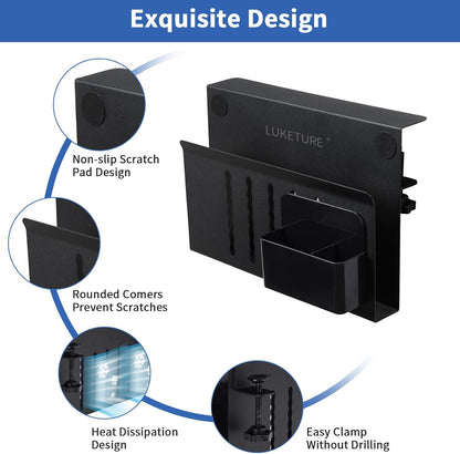 LUKETURE Laptop Holder, Steel Desk Side Storage, No Drill Standing Desk Accessories, Clamp on Laptop Mount with Pen Holder, Fits Flat Edge Tables 0.3" to 2.8" (Black, M(1 Tier))