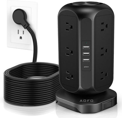 Long Extension Cord 15 ft Power Strip Tower, Surge Protector 12 AC Outlets 4 USB(1 USB C) Ports, Charging Tower Overload Protection with Multiple Outlets for Home Office