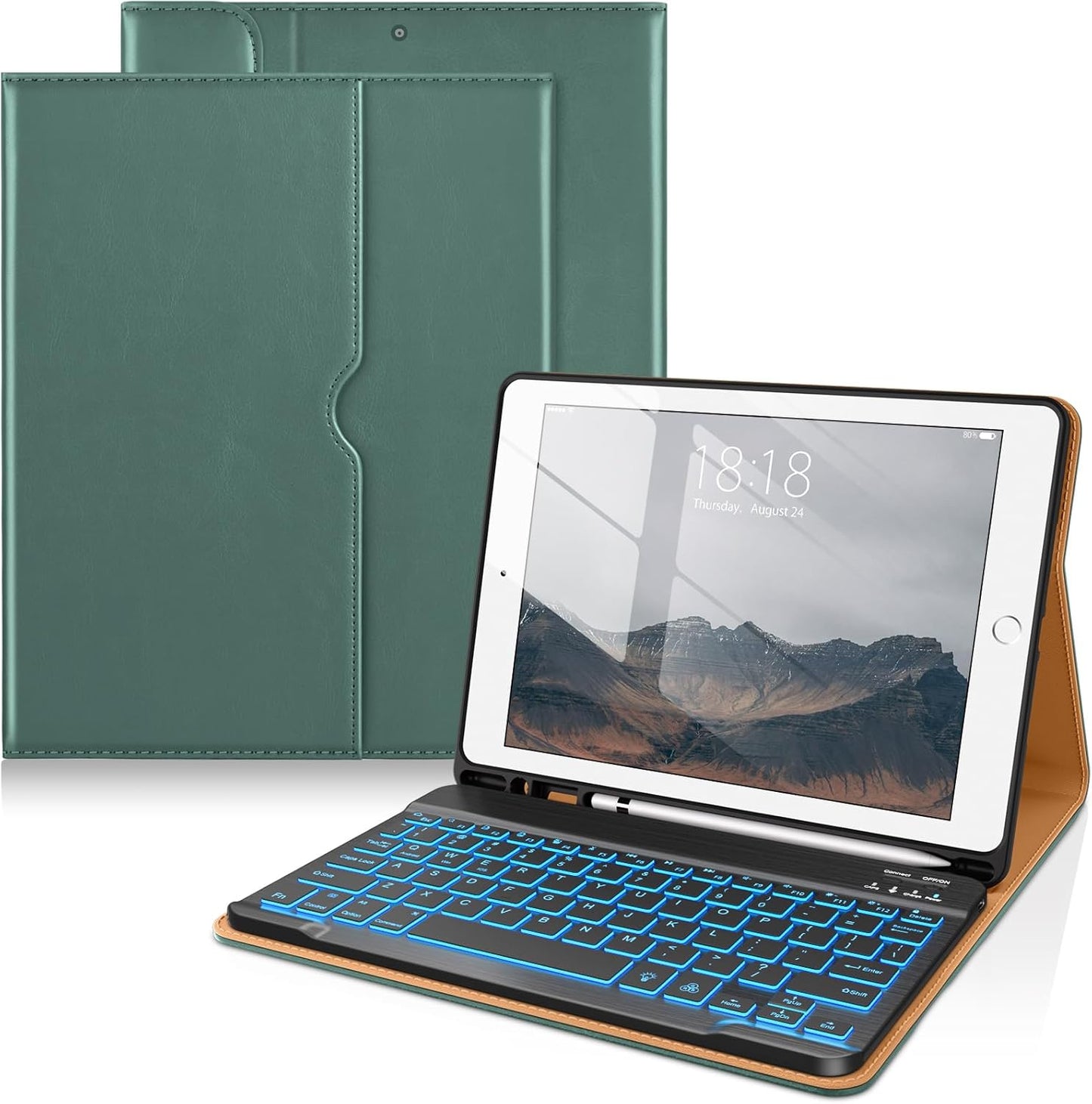 DTTO for iPad 9th/8th/7th Generation 10.2" Case 2021/2020/2019 with Keyboard, 7 Colors Backlit Wireless Detachable Keyboard Premium Leather Folio Cover with Pencil Holder & Pocket, Midnight Green