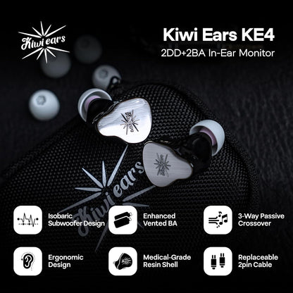 Linsoul Kiwi Ears KE4 in Ear Monitor, 2DD+2BA Hybrid Earphone, Gaming Earbuds, HiFi Wired IEM, with Detachable IEM Cable for Musician Audiophile (Silver)